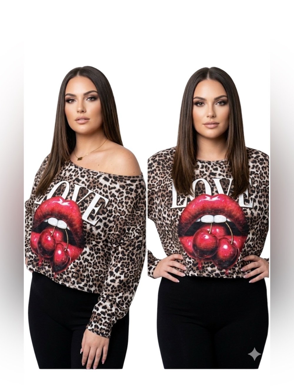 Leopard Print Women's Cropped Sweater with Graphic Cherry Lips - Brown Size 1X